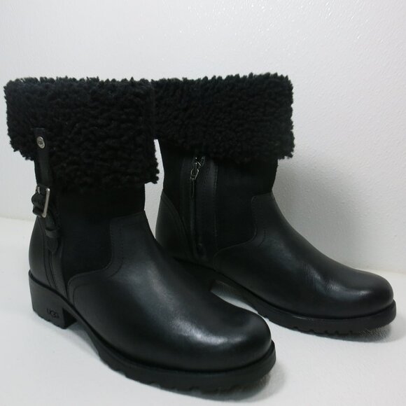 UGG Australia Black Bellevue 1914 Leather Shearling Zip Fold Over Moto Boots 7 - Picture 2 of 8